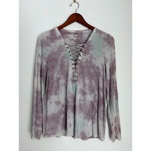 American Eagle Soft & Sexy Tie Dye Lace Up Long Sleeve Top Purple Grey Small